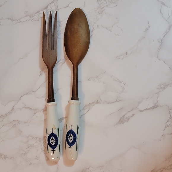 Mid Century Modern Teak Salad Servers Wood Fork and Spoon with ceramic handles - Picture 2 of 4